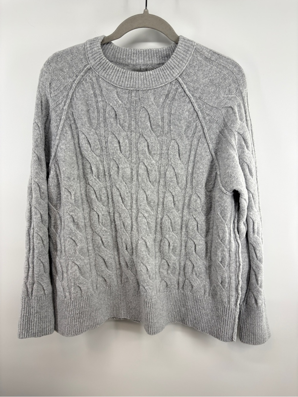 Aerie Unreal Oversized Grey Cable Knit Crew Sweater